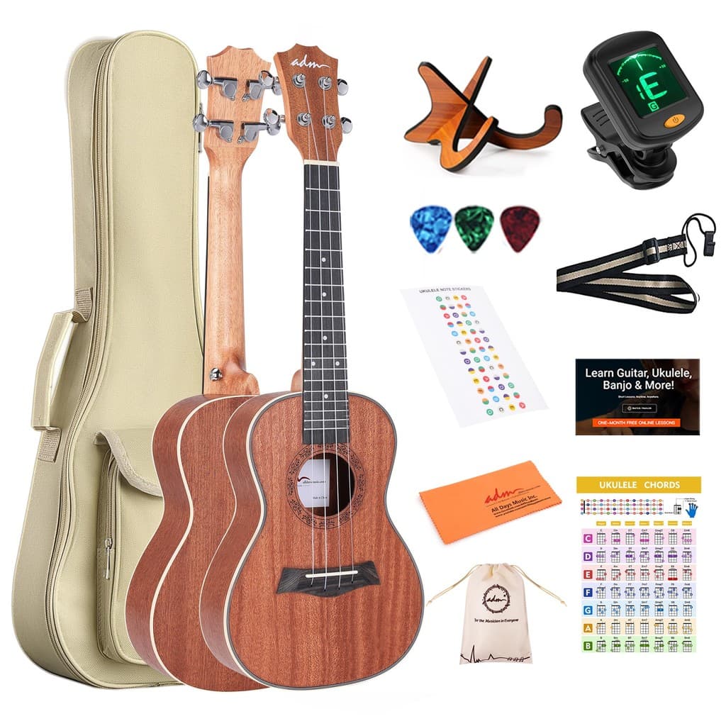 Kit de ukulele ADM Concert, ukulele para iniciantes, mogno, bolsa, afinador, acessórios
