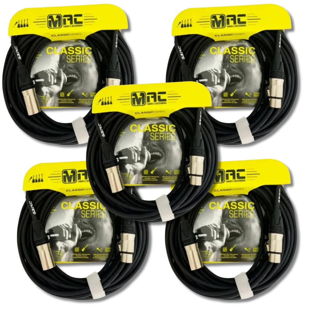 Kit 5 Cabos XLR Balanceados 4,57m Classic Series Mac Cabos com Conectores Dourados