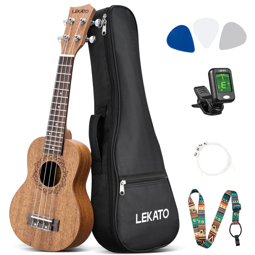 Kit para iniciantes LEKATO Ukulele soprano de 21" Sapele, ukulele profissional havaiano para violão, para adultos e cri