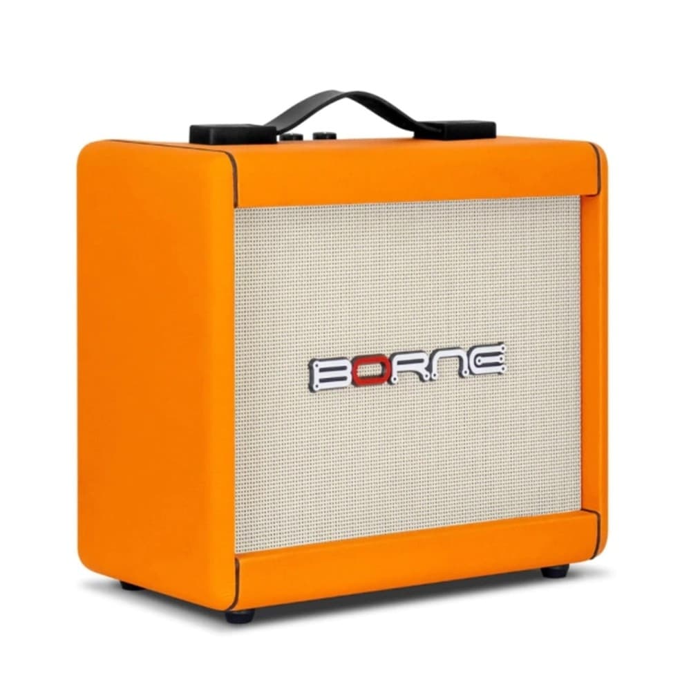 Amplificador de guitarra Borne F60 laranja com logo Borne, grade de tecido branco, alça preta