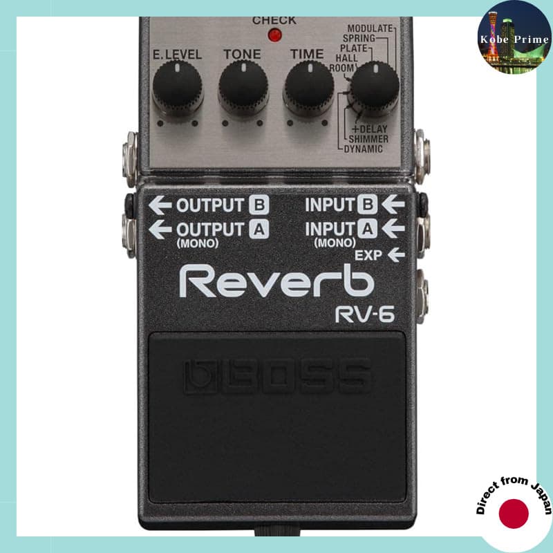 Pedál de efeitos BOSS RV-6 Reverb para guitarra, preto com detalhes em prata, controles E.LEVEL, TONE, TIME, HALL, ROOM, +DELAY, SHIMMER e DYNAMIC.