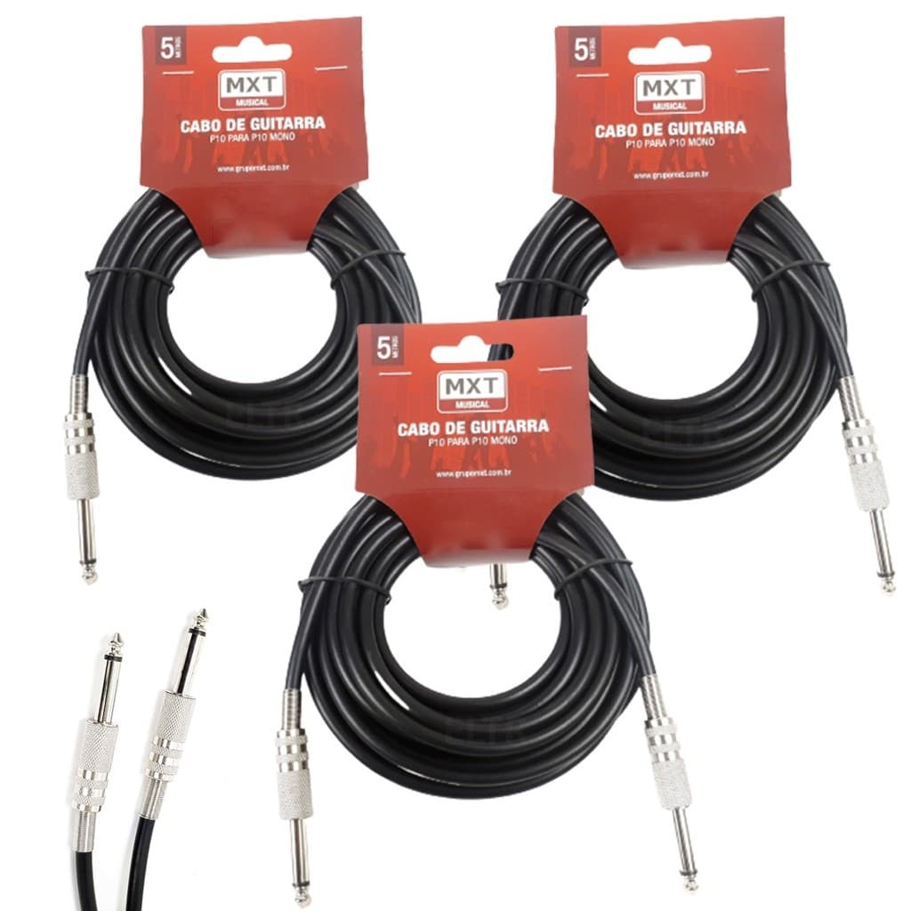 Kit 3 Cabos P10 P10 Mono Guitarra Violão Baixo Cavaquinho Caixa Som Amplificador 5m MXT