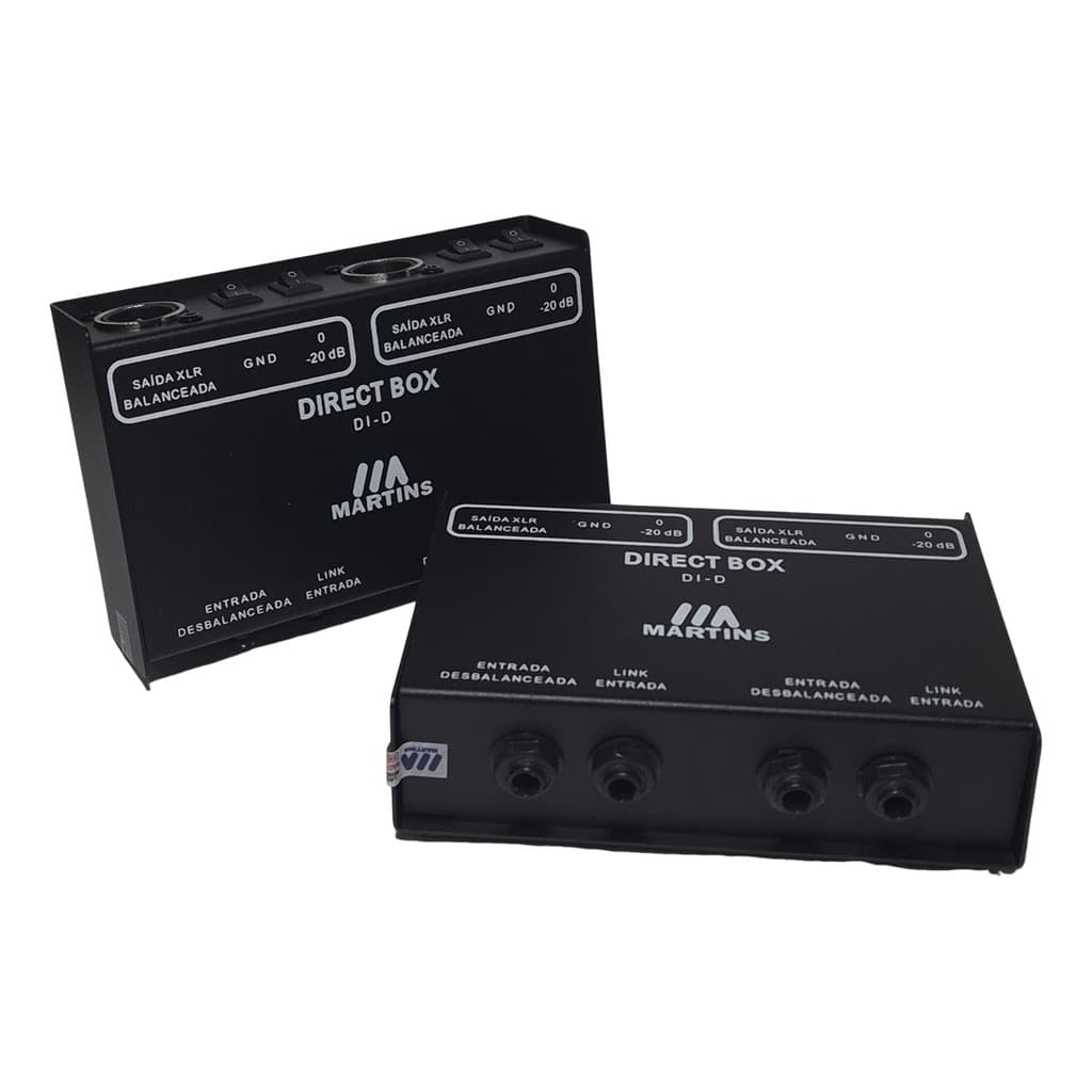 Caixa direta Martins Di-d Duo Passivo 2 Canais XLR, dispositivo preto com rótulos de entrada e balanceamento.