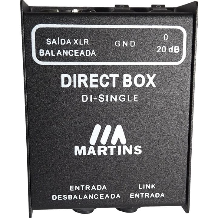 Direct Box Passiva Martins Di-s 1 Canal Gnd E Atenuadores, caixa preta com rótulos brancos.