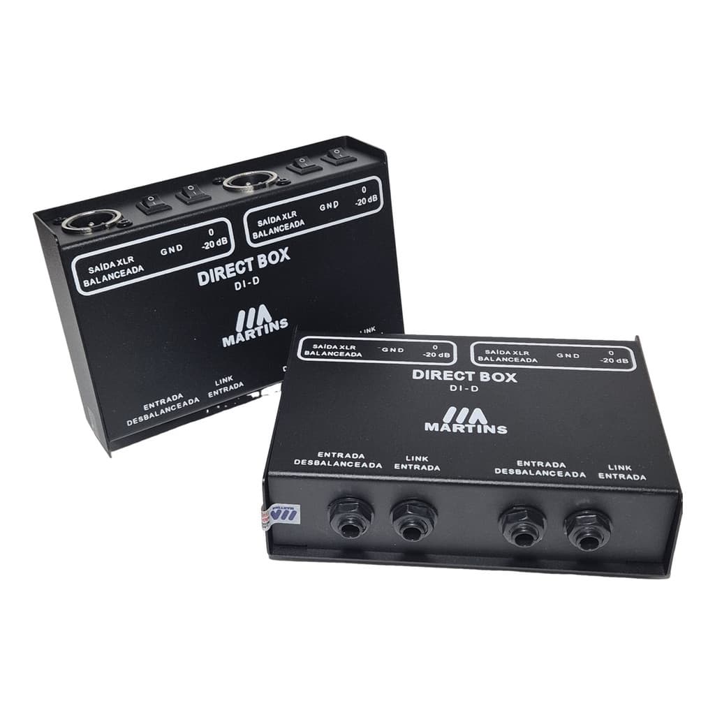 Dupla Direct Box Martins DI-D, caixas pretas com entradas e saídas balanceadas e desbalanceadas, fundo branco.