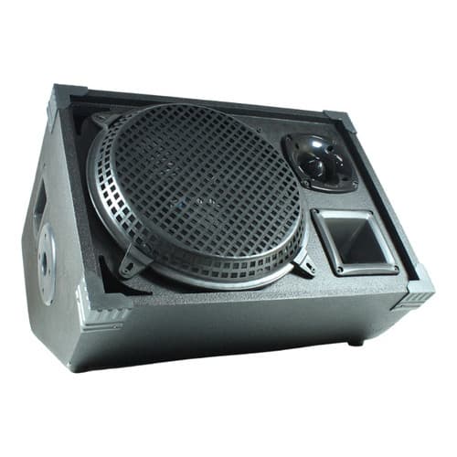 Caixa de retorno passiva 12 pol 3 vias 250W, frente, grade preta, alto-falantes visíveis