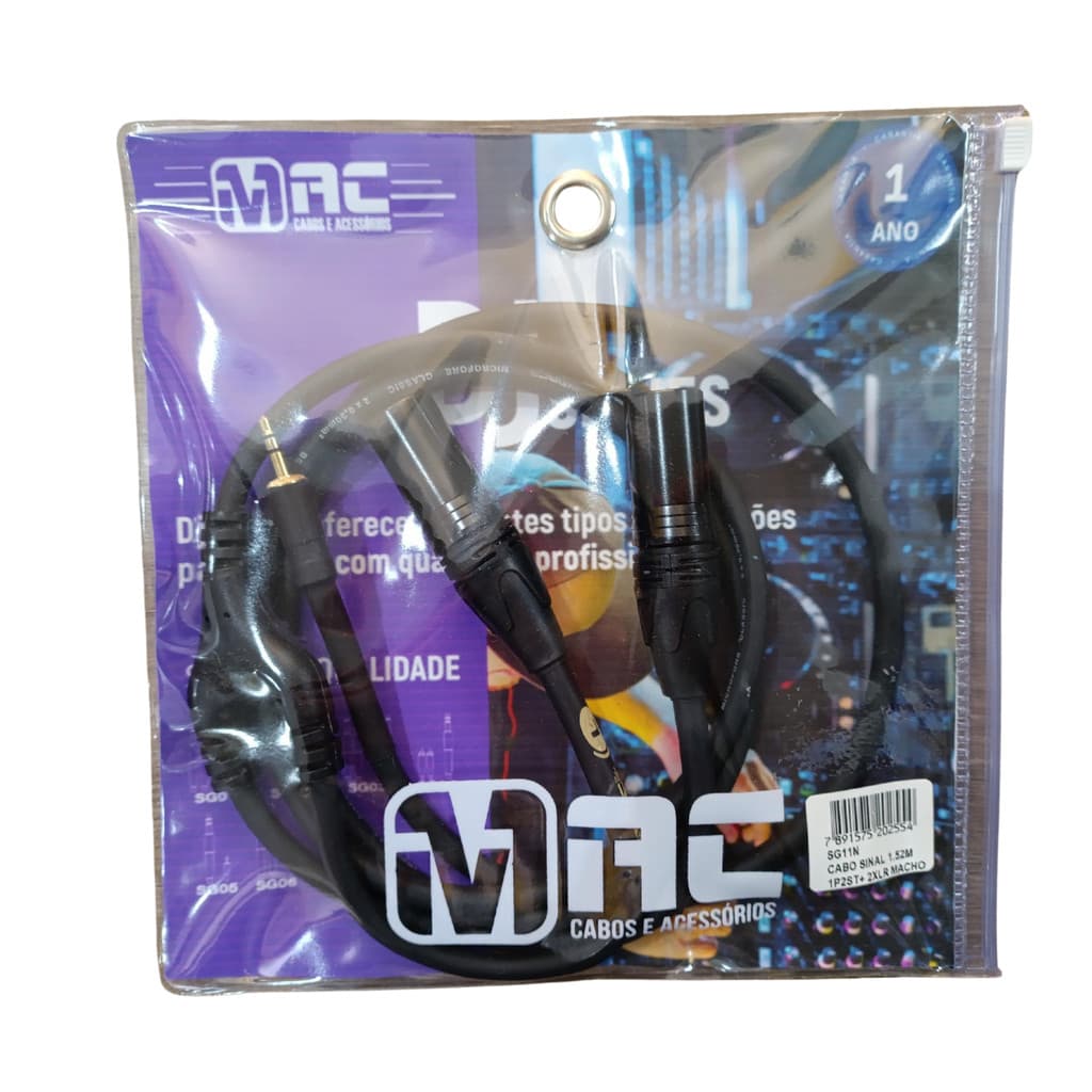 Embalagem de cabos P2 e XLR machos 1,52m da marca MAC, com fundo azul e branco.