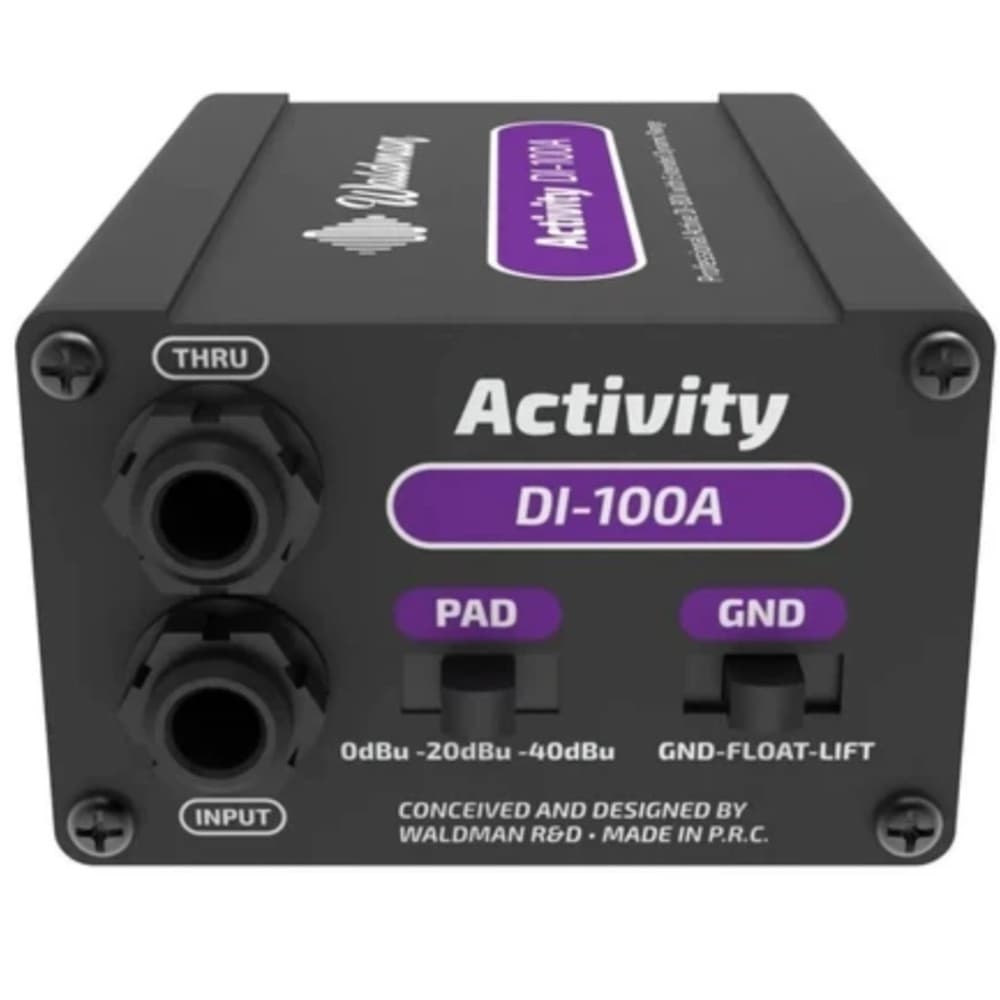 Caixa ativa DI-100A Waldman para instrumentos musicais, preta com detalhes em roxo