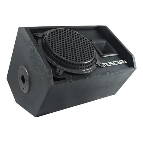 Caixa acústica Music Way preta hexagonal para retorno de palco, 200W RMS, passiva.