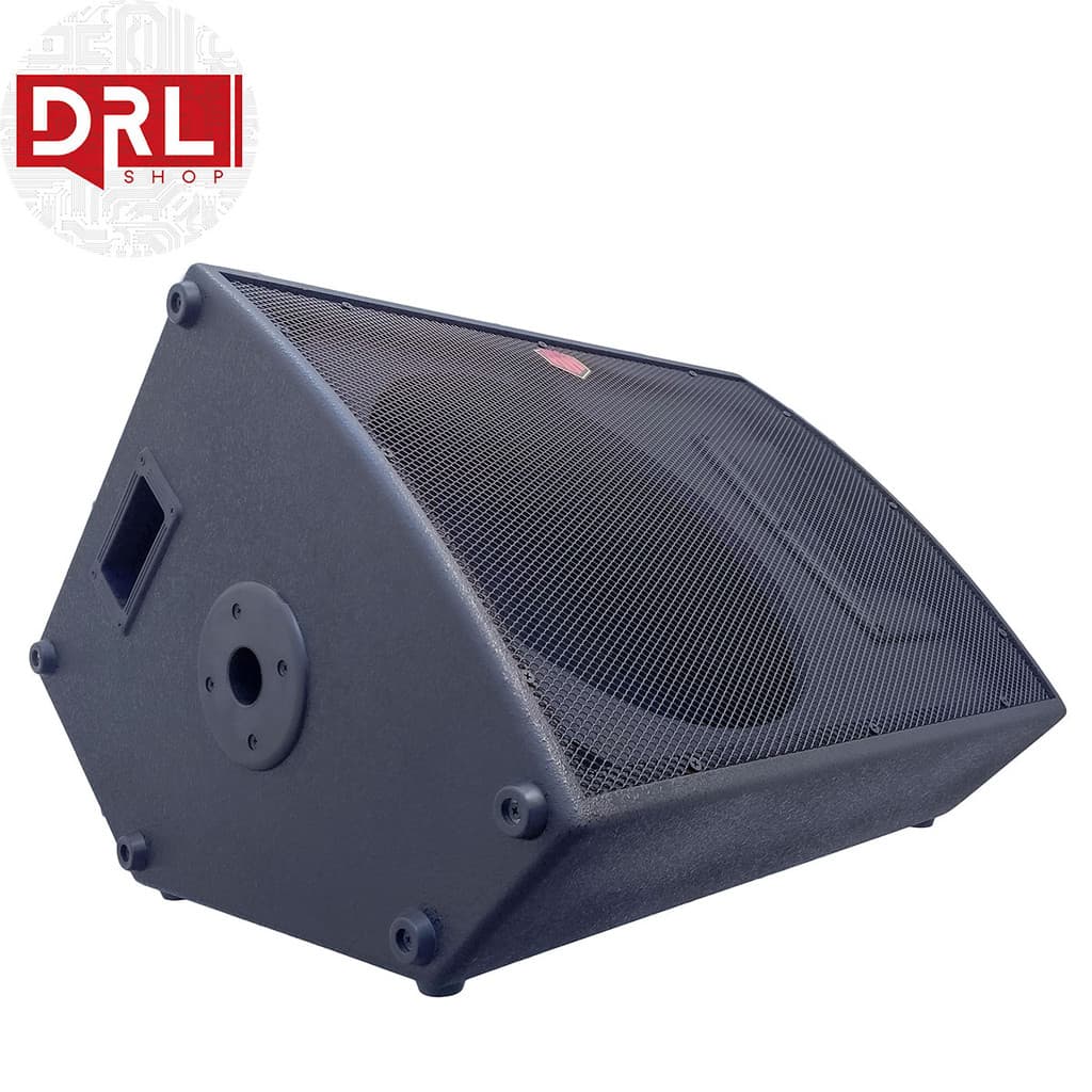 Caixa de som monitor de retorno preto com grade metálica, vista frontal.
