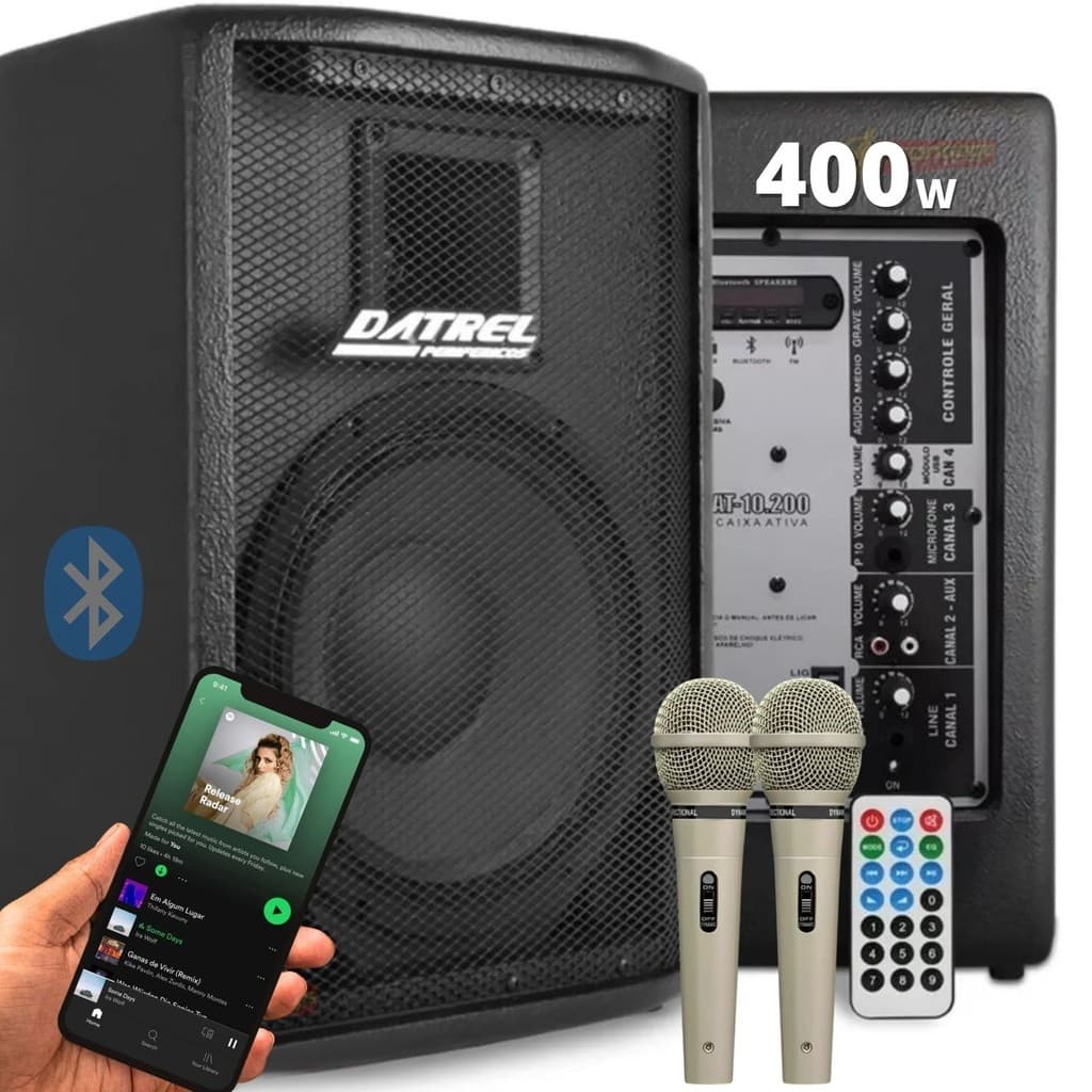 Kit Caixas de Som 400w RMS Ativa Passiva Profissional Datrel com Microfones e Controle Remoto