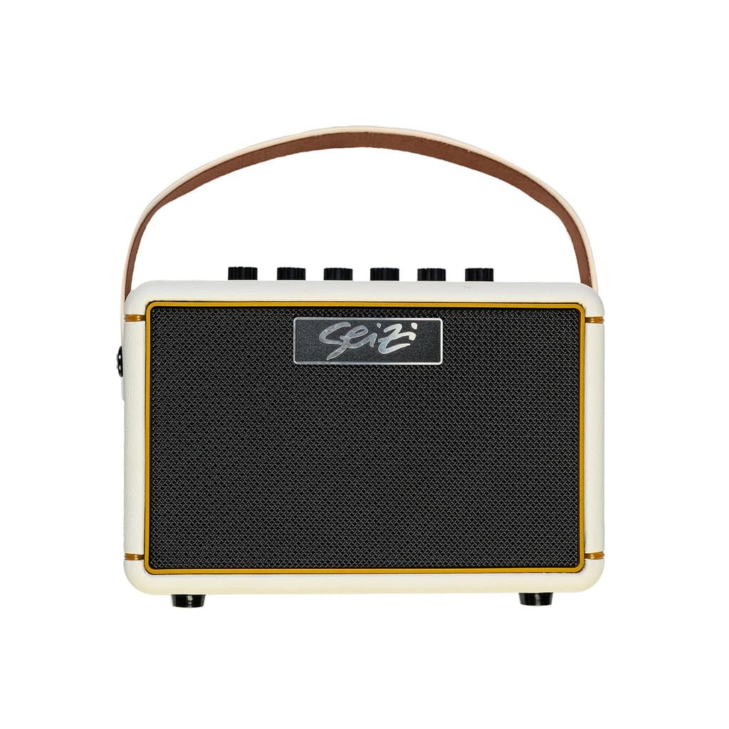 Amplificador Seizi Smart Amp Para Guitarra 10W branco com efeitos, alça de couro e logotipo Seizi