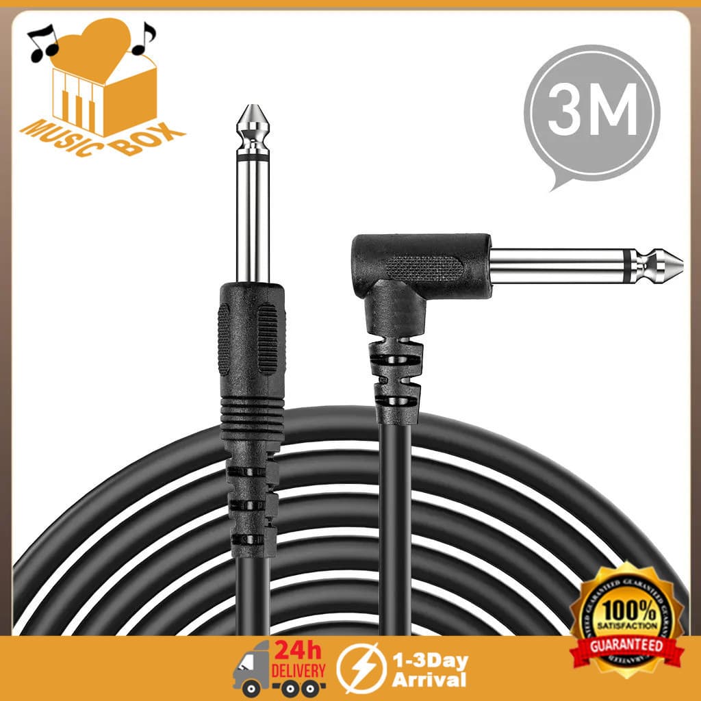 Cabo de guitarra de 10 metros com conectores jack, preto e prata, enrolado em espiral