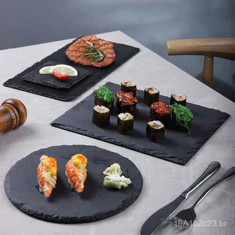 Prato de pedra preta, prato de ardósia japonesa, prato para bife, prato para comida ocidental, prato de sobremesa, prato