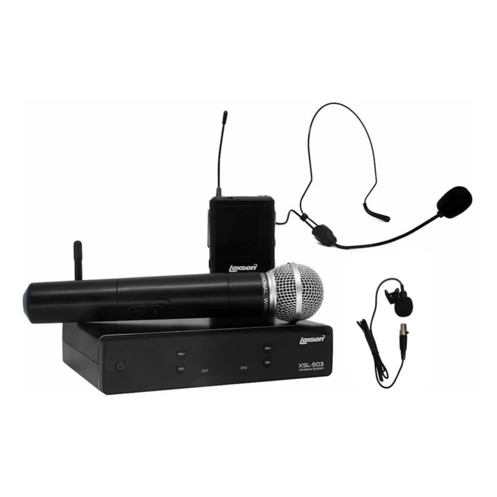 Sistema de microfone sem fio UHF Lexsen XSL-503 com microfone de mão, bodypack, microfone de lapela e auricular