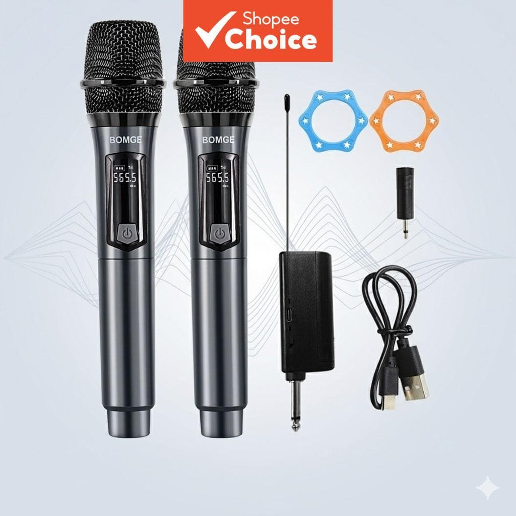Microfone de mão duplo UHF sem fio cinza e preto com acessórios
