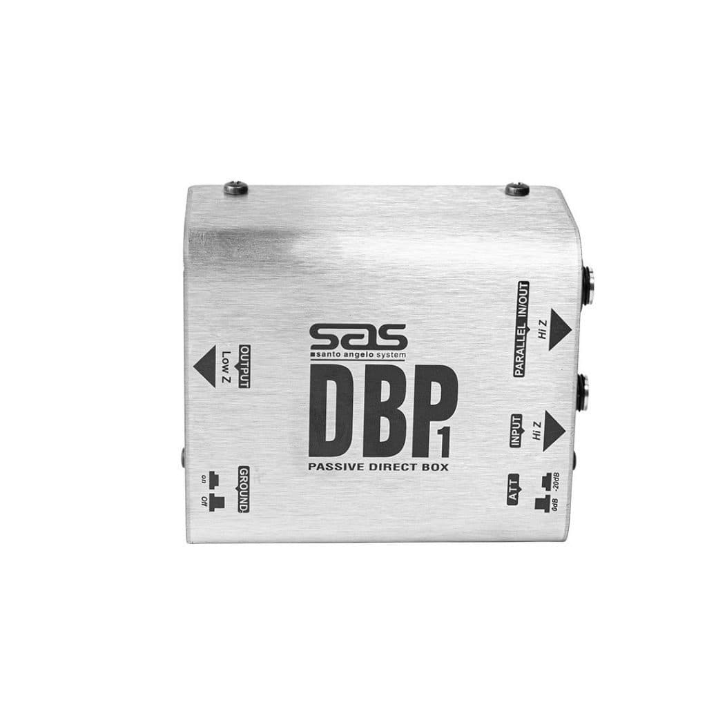 Caixa de direto passivo Santo Angelo DBP1, cinza metálico, com rótulos e conectores visíveis.