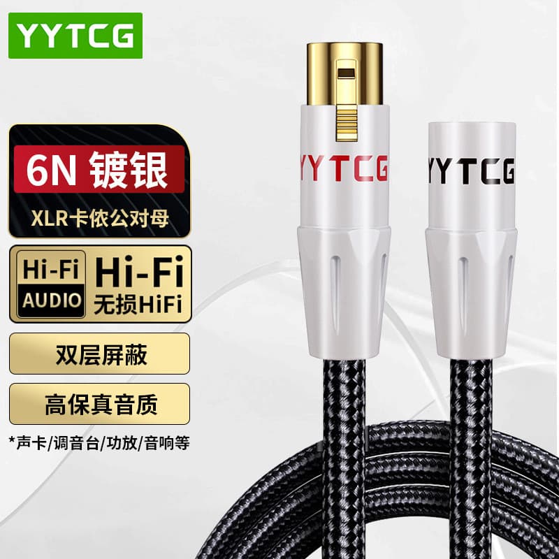 Cabo XLR prateado macho para fêmea, conectores balanceados, rótulos Hi-Fi e Audio, fundo branco.