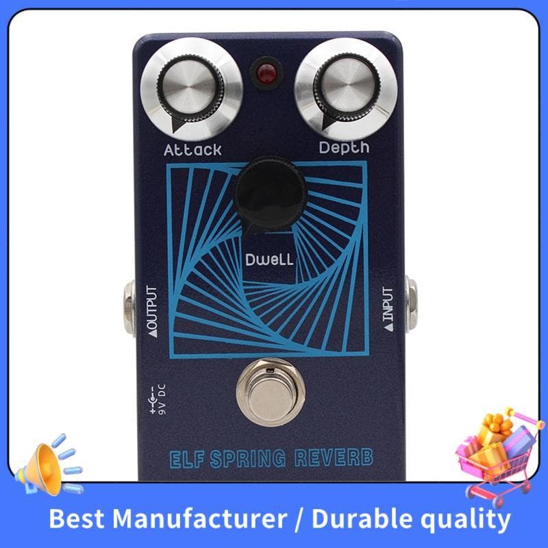 Pedal de efeito de guitarra SPRING Reverb ELF com botões Attack, Depth e Dwell, em fundo branco