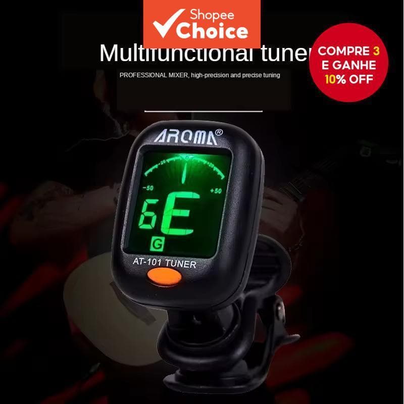 Afinador digital AROMA AT-101 para violão, ukulele e baixo com display verde