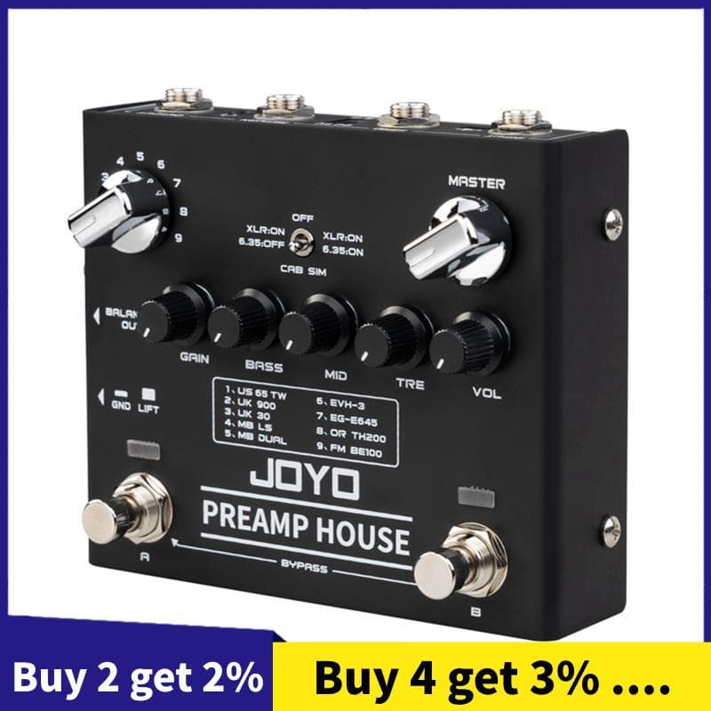 Pedal de pré-amplificador Joyo Preamp House, preto com botões prateados, controles de ajuste e marca Joyo.