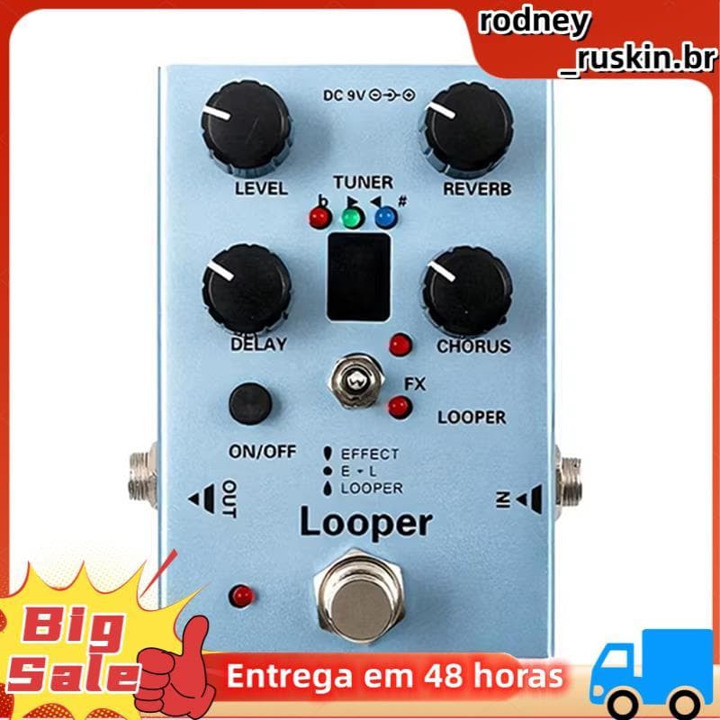Pedal de guitarra multi-efeitos com botões de controle rotulados, fundo branco com texto promocional