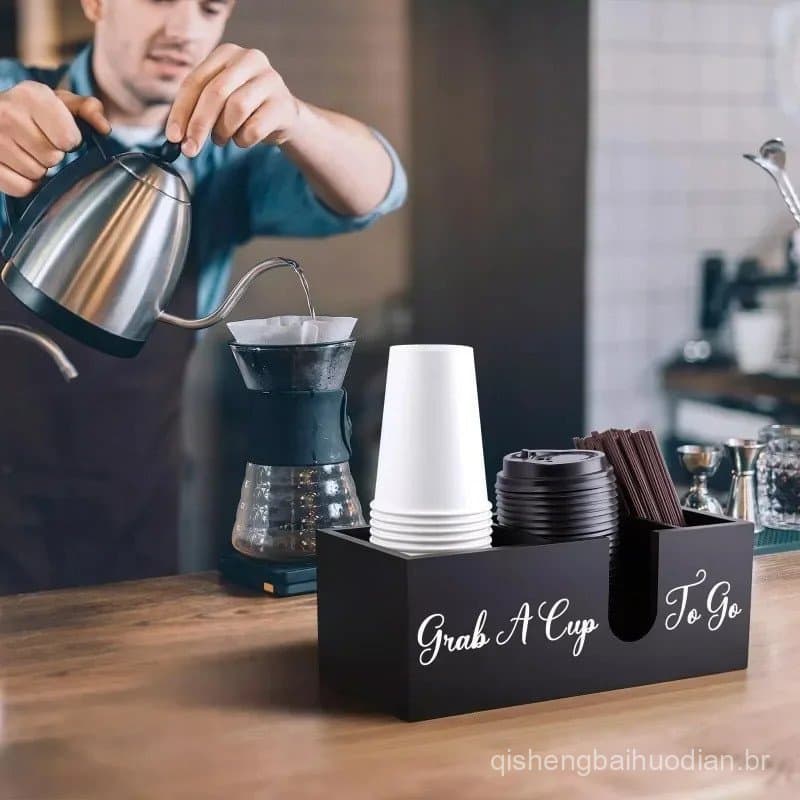 Caixa de Armazenamento de Café em Madeira Maciça, Caixa de Armazenamento de Xícaras de Café para Bancada, Caixa de Armaz