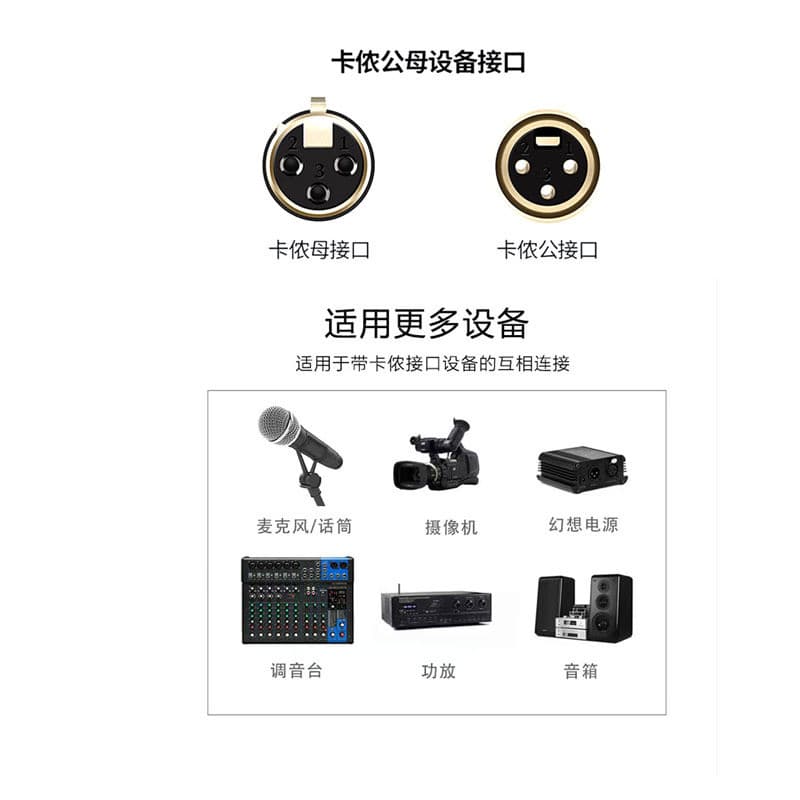 Cabo de áudio XLR macho-fêmea com conectores em ambos os lados e ilustrações de microfone e outros equipamentos de áudio.