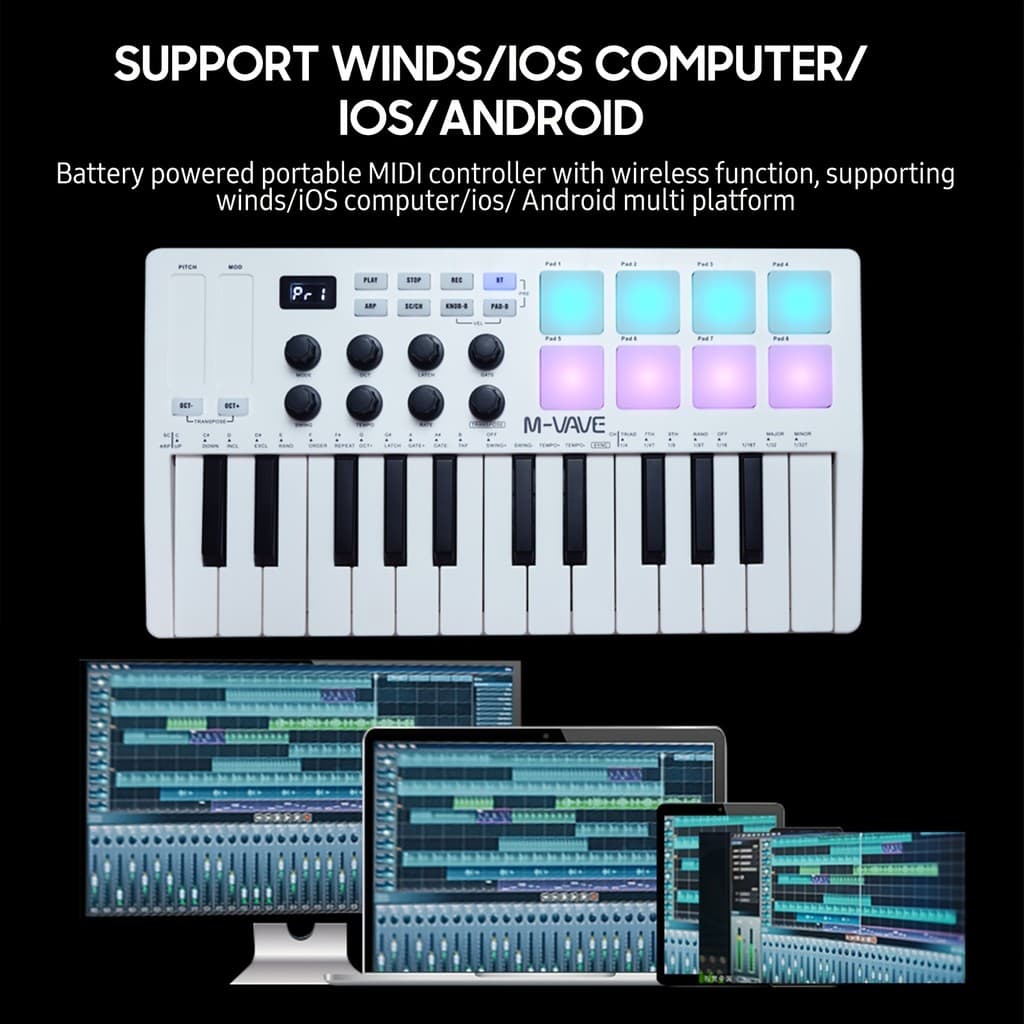 Controlador mini MIDI ajustável de 25 teclas, teclado MIDI USB, equipado com 8 teclados sensíveis à velocidade com ilumi