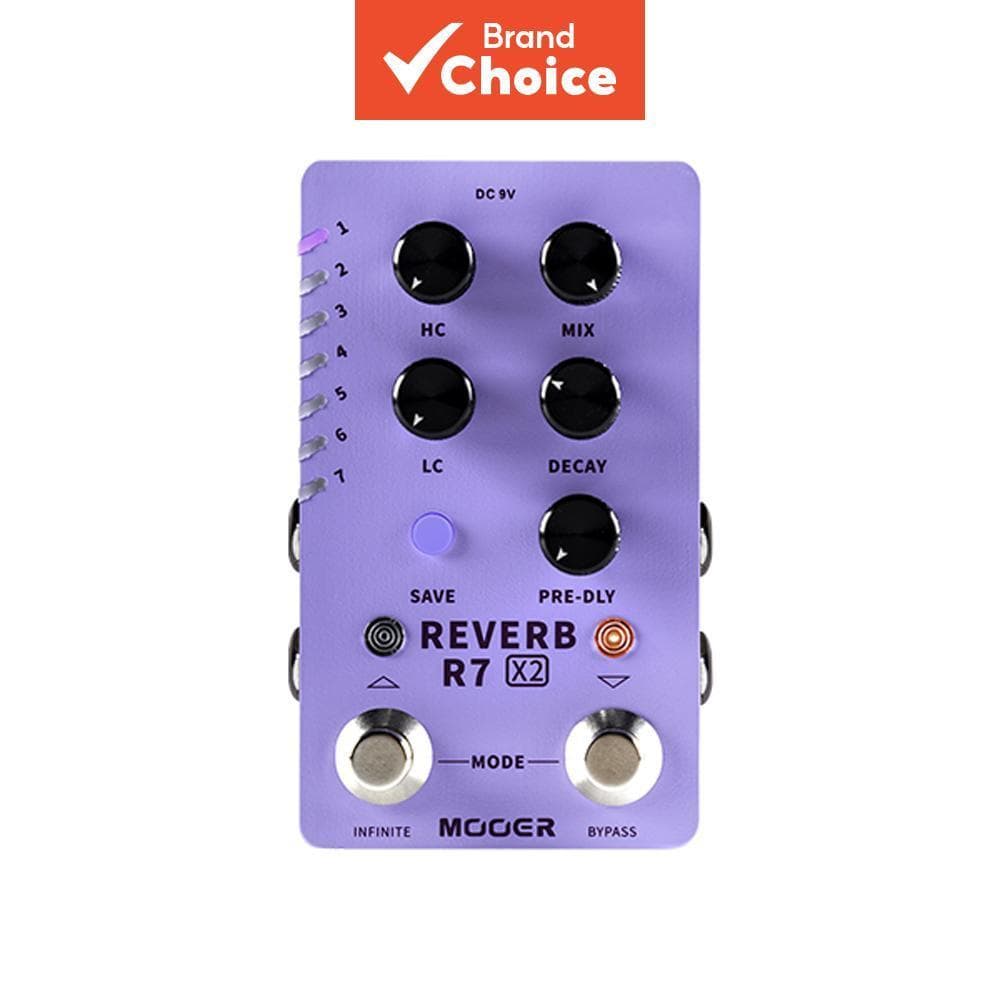 Pedal de reverberação MOOER R7 X2 em roxo com botões pretos, controles de reverberação e modo, fundo branco