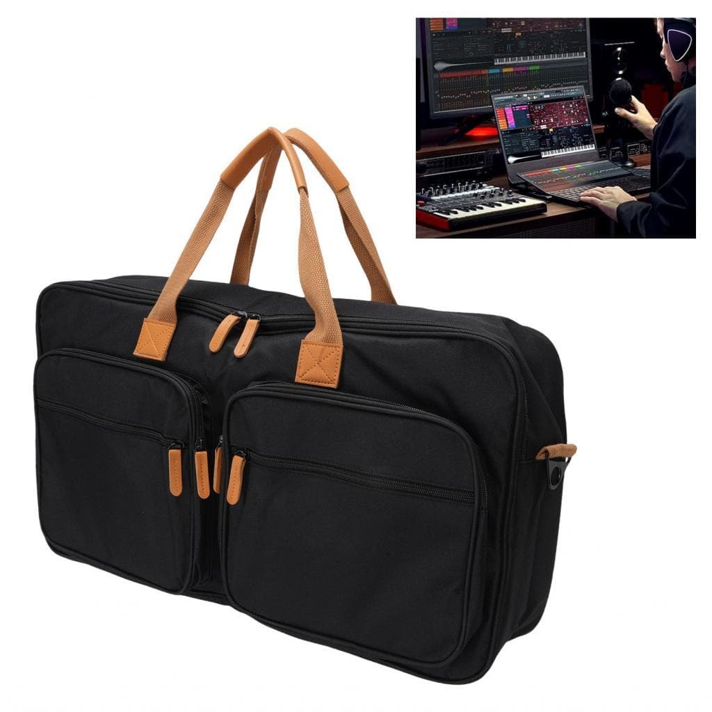 Bolsa de transporte para DJ preta com alça de ombro e detalhes em couro marrom