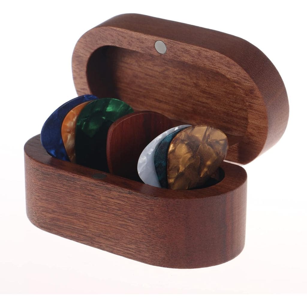 Conjunto de Porta-Palhetas para Guitarra Sapele com 1 Palheta de Pau-Rosa e 6 Palhetas de Celuloide em 3 Espessuras, Min