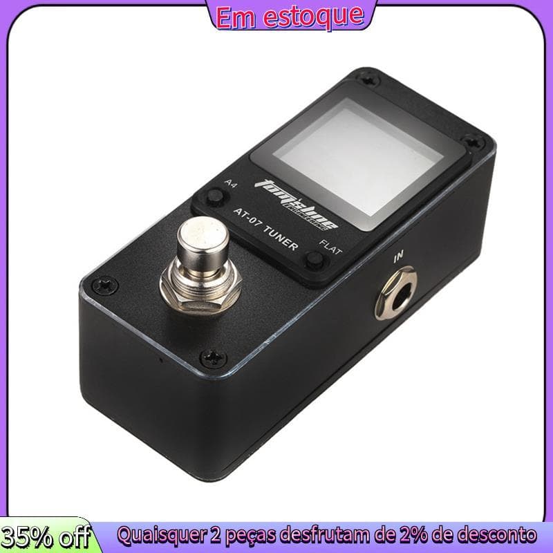Pedal de afinador AROMA AT-07, preto, com display LCD e botão central prateado