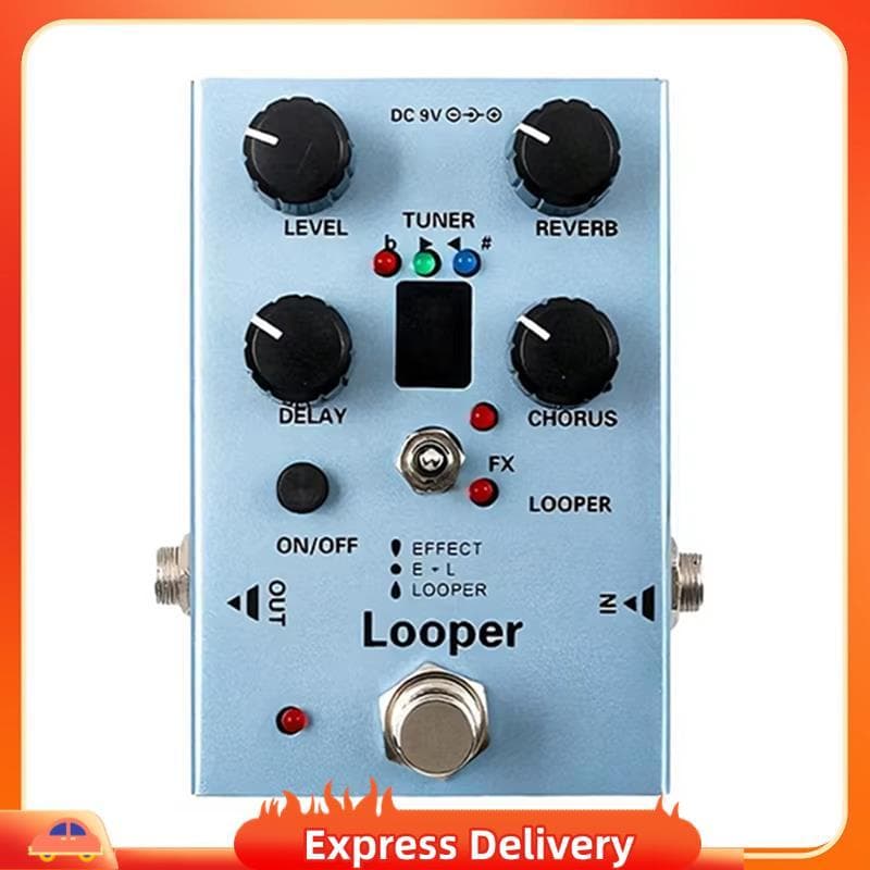 Pedais multiefeitos para guitarra com delay, chorus, reverb e afinador em um estojo azul claro com fundo branco.
