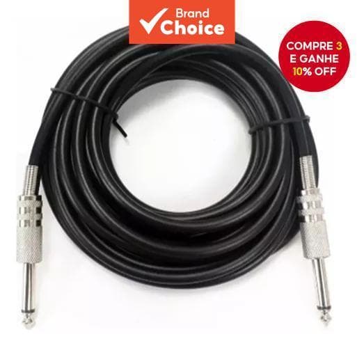 Cabo de áudio preto de 6m com conectores prateados, oferta de 10% de desconto
