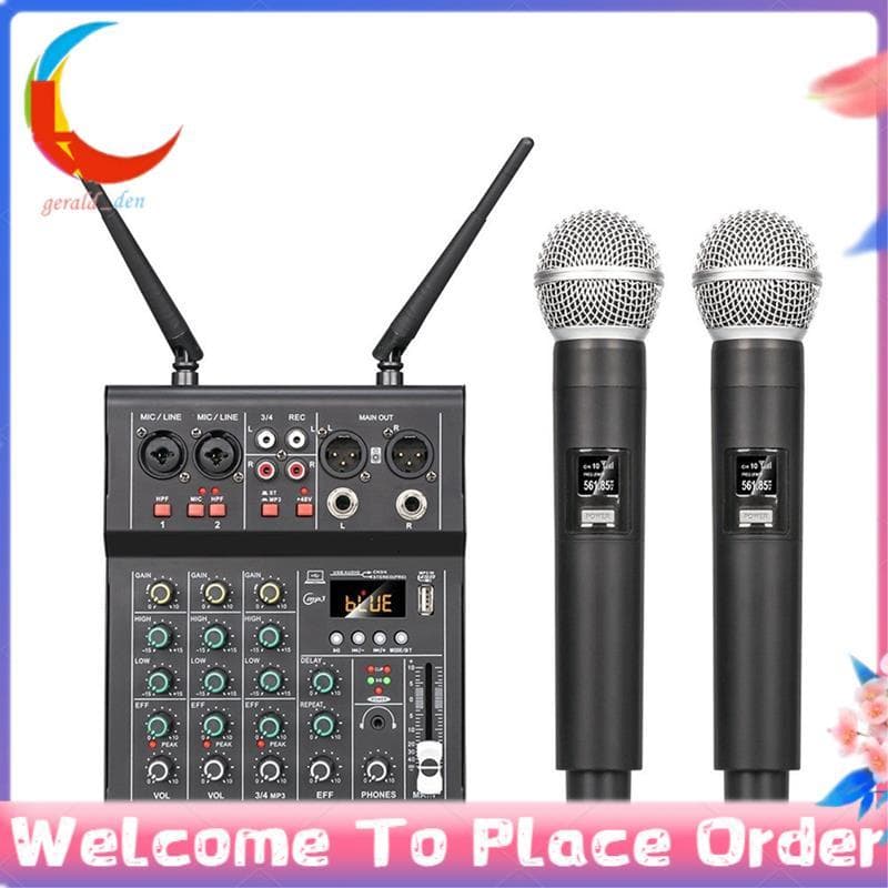 Mixer De Som De 4 Canais Com Microfone Sem Fio UHF Duplo DJ Console Mixing Para Karaokê Party PC Studio Recording