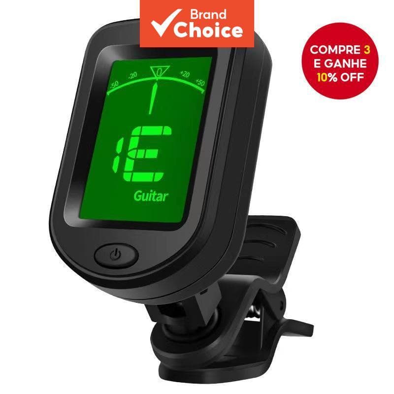 Afinador digital clip-on preto para violão com tela verde indicando nota 'E', montado em suporte preto.