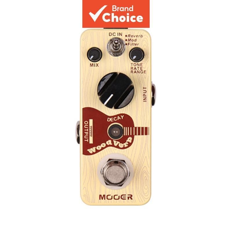 Pedal de efeito Mooer WoodVerb para violão com controles de mix, tom, taxa de reverberação e decaimento.