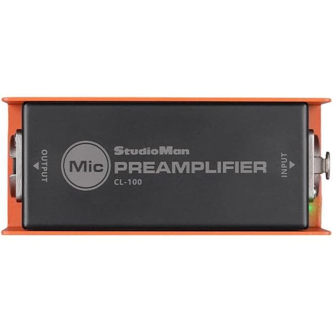 Pré-amplificador StudioMan CL-100 XLR para microfones dinâmicos, carcaça metálica, preto e laranja.