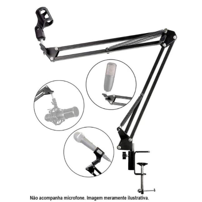 Suporte articulado para microfones em preto, imagem ilustrativa, três posições mostradas