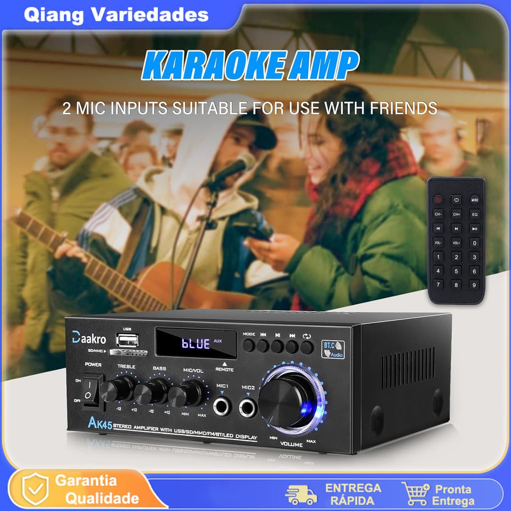 Amplificador de potência preto com display digital e controle remoto para microfones, ideal para karaokê.