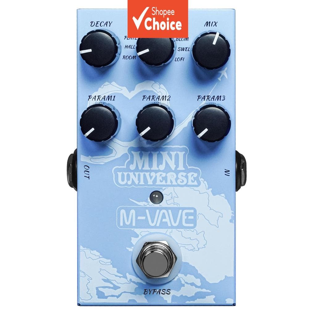 Pedal de efeitos de reverb digital M-Wave Universe com botões de ajuste e botão de bypass, em azul claro sobre fundo branco.