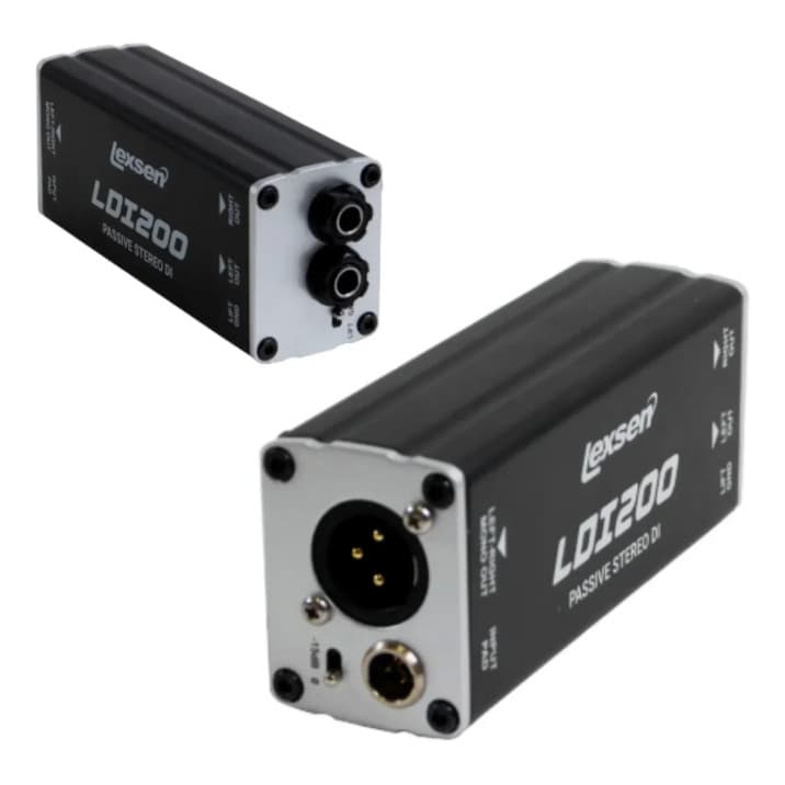 Direct Box Lexsen LDI200 Stereo Passivo, caixa preta com detalhes prateados, fundo branco