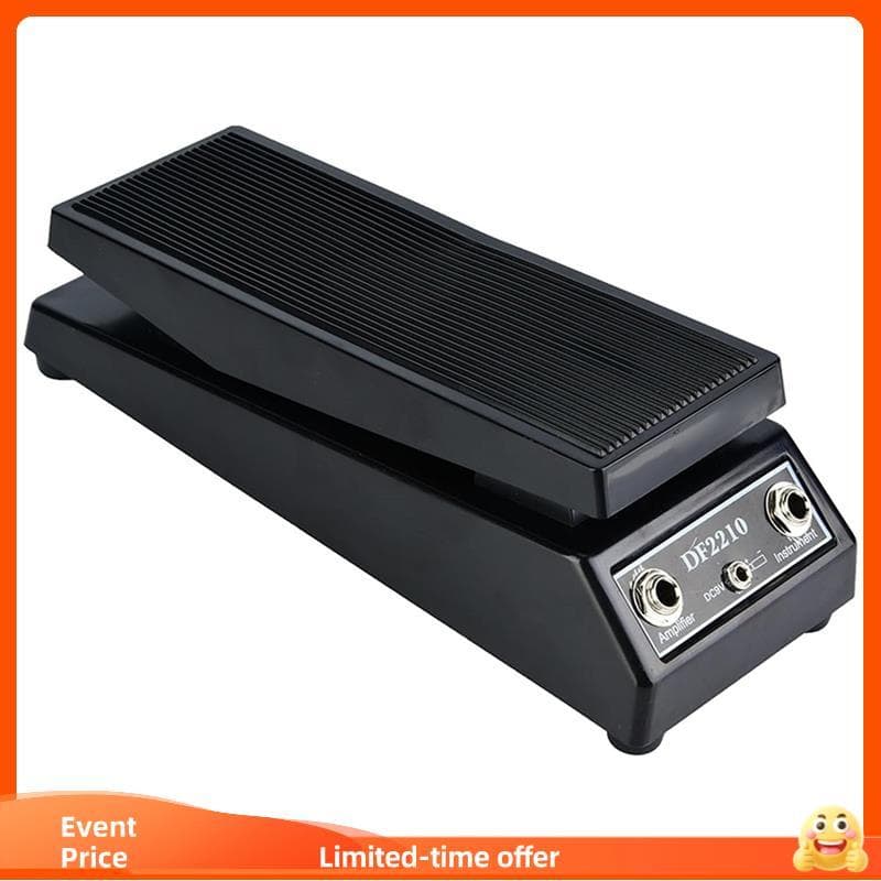 Pedal de efeitos de guitarra wah preto, modelo DF2210, com conectores de entrada, ideal para apresentações ao vivo e estúdios.