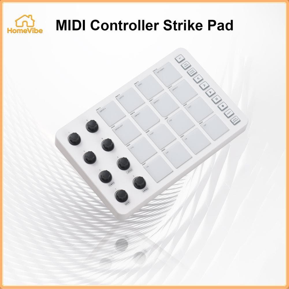 HomeVibe MIDI Controller Strike Pad, teclado MIDI branco com teclas retangulares e botões pretos, em fundo branco ondulado.