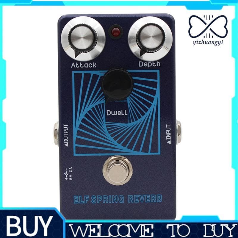 Pedal de efeito de guitarra Elf Spring Reverb, com botões Attack, Depth e Dweller, em fundo branco.