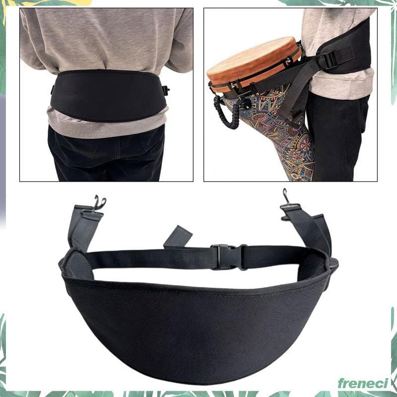 Alça de cintura preta ajustável para tambor Djembe, resistente ao desgaste, com design de bolsa, fundo branco, ajuste de fivela e gancho de fixação.