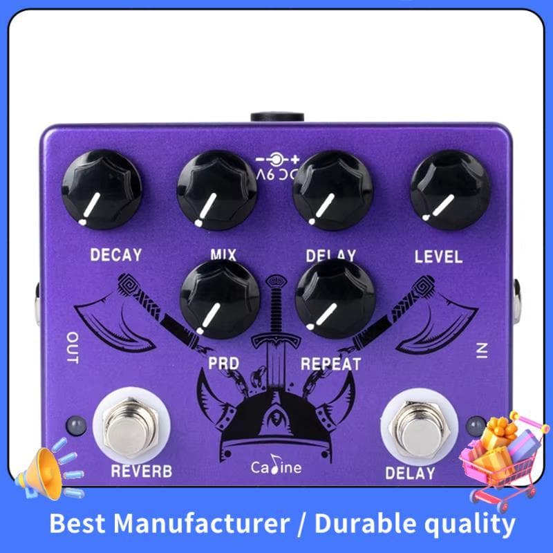 Pedal de efeito de guitarra CP-80 com Reverb e Delay, controles de mixagem, fundo roxo, botões pretos.