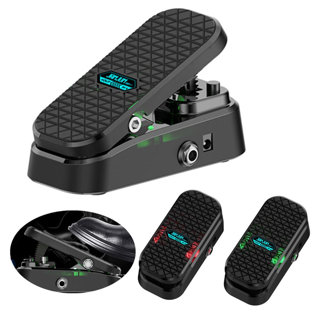 Pedal de volume ativo e wah combinado para guitarra elétrica, preto com luzes verdes e vermelhas.