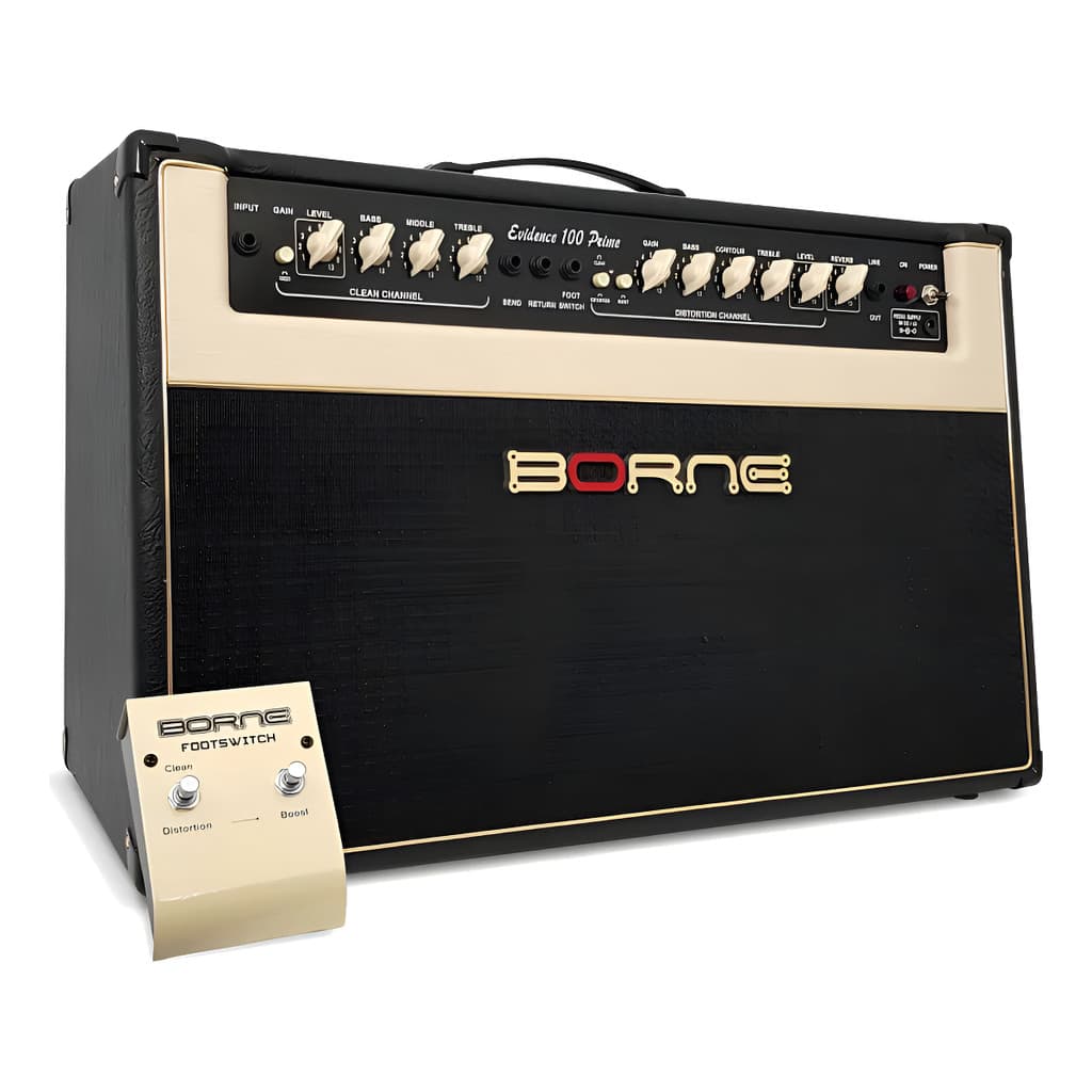 Amplificador de guitarra Borne Evidence 100 Prime 150wrms, preto e bege, controles e botões visíveis, logotipo Borne.